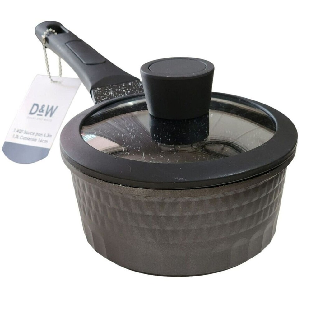 D&W Premium Cookware 6.3in Saucepan Casserole Nonstick With Lid 1.4Qt Black